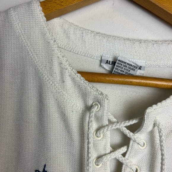 VTG Y2K Henley Tie M Waffle knit Floral Embroidered White Top Womens Grandmacore - Picture 7 of 12